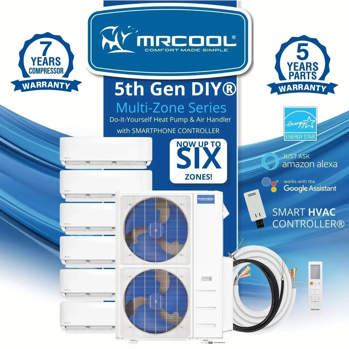 MRCOOL DIY 5th Gen Multi-Zone 6-Zone 55,000 BTU 22 SEER2 (6K + 9K + 9K + 12K + 12K + 12K) Ductless Mini Split Heat Pump & Air Conditioner