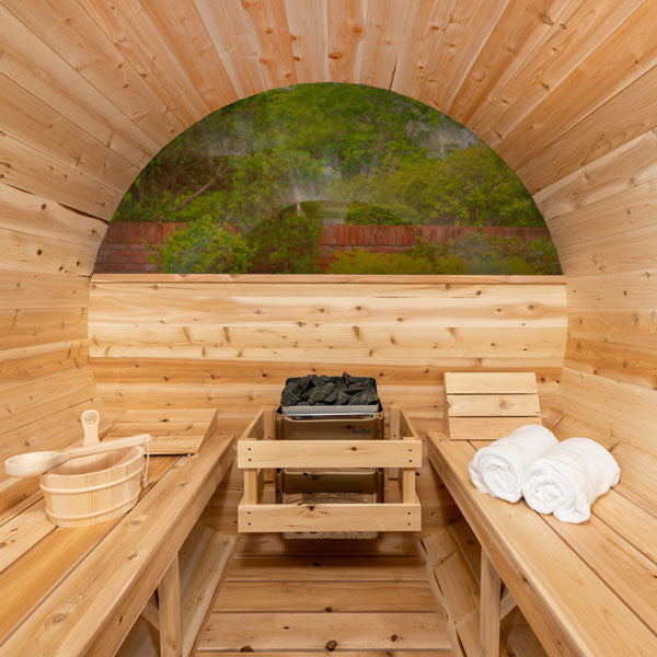 Dundalk Leisurecraft Serenity MP 2–4 Person Capacity Barrel-Style Sauna with Floor-to-Ceiling Panoramic Windows