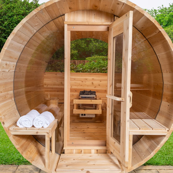 Dundalk Leisurecraft Serenity MP 2–4 Person Capacity Barrel-Style Sauna with Floor-to-Ceiling Panoramic Windows