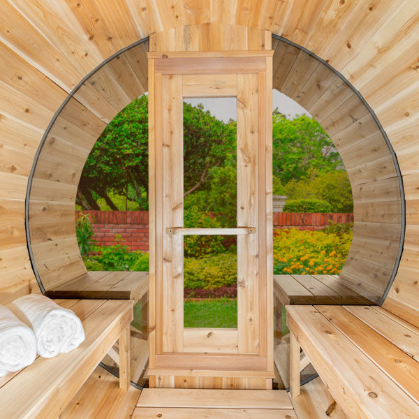 Dundalk Leisurecraft Serenity MP 2–4 Person Capacity Barrel-Style Sauna with Floor-to-Ceiling Panoramic Windows