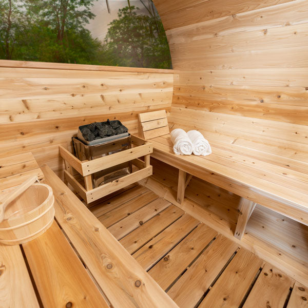 Dundalk Leisurecraft Serenity MP 2–4 Person Capacity Barrel-Style Sauna with Floor-to-Ceiling Panoramic Windows
