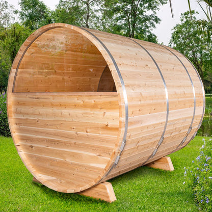 Dundalk Leisurecraft Serenity MP 2–4 Person Capacity Barrel-Style Sauna with Floor-to-Ceiling Panoramic Windows